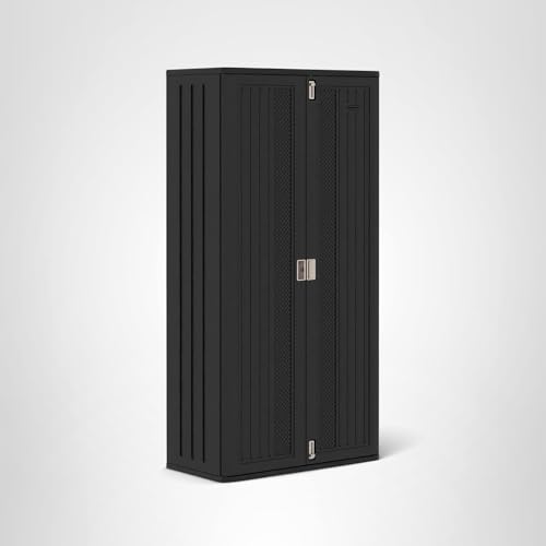 Suncast Mega Tall Storage Cabinet for Garage Organization - 31 Cu. Ft. Lockable Utility Closet with 3 Adjustable Shelves for Garden Supplies & Outdoor Tools, Multi-Wall Resin Construction, Black