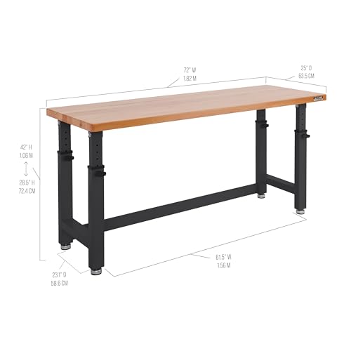 Seville Classics UltraHD Heavy Duty Workbench Table w/Solid Wood Top, 1000 lbs. Weight Capacity Workstation for Garage, Warehouse, Workshop, Graphite, 72" W x 25" D x 28.5" to 42" H Desktop