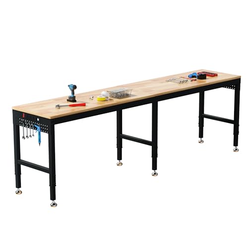 Betterhood 96" Adjustable Workbench, 5000 LBS Heavy Duty Work Table with Power Outlets & Pegboard, Rubber Wood Workstation for Garage, Workshop, Office, Home, Commercial