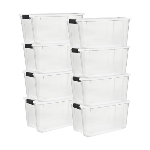 Sterilite 8-Pack 70 Quart Ultra Latch Box, Clear Storage Organizer Bins with Latching Lids - Stackable Plastic Containers for Home Organization in Garage, Attic, Basement, and Closet