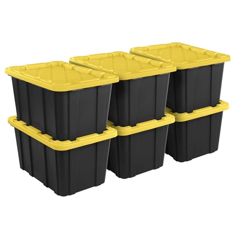 AIXISTL 6-Pack 27-Gallon Industrial Totes - Rugged Black & Yellow Plastic Storage Bins with Secure Snap-On Lids, Stackable Design for Garage, Warehouse or Workshop Organization