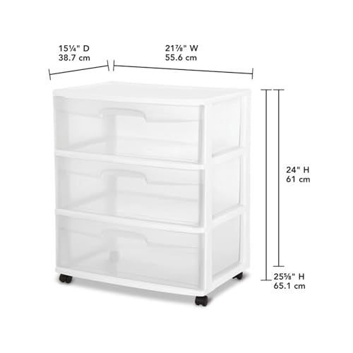 Sterilite Wide 3 Drawer Storage Cart, Plastic Rolling Cart with Wheels to Organize Clothes in Bedroom, Closet, White with Clear Drawers, 3-Pack