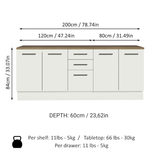 Madesa Garage and Utility Room Storage Cabinet, 78 Inch Wooden Base Unit with 3 Drawers 4 Doors and Adjustable Feet, White
