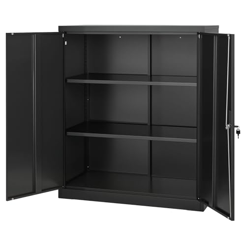 VEVOR Metal Storage Cabinet, 41.7 in Steel Garage Cabinet with 2 Adjustable Shelves, 2 Magnetic Doors & 2 Keys, 3 Tiers Lockable Tool Storage for Pantry, Warehouse, Basement, Office, Black