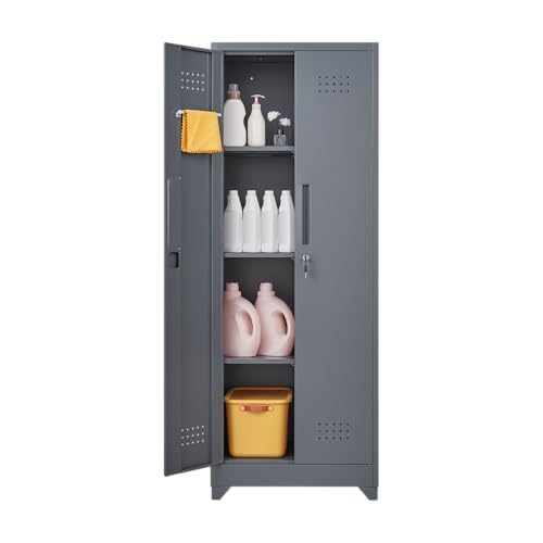 FLEXIMOUNTS 65'' Tall Metal Storage Cabinet with Locking Door, Large Cleaning Tool Organizer for Brooms, Garage, Laundry Room, Bathroom, Dark Grey