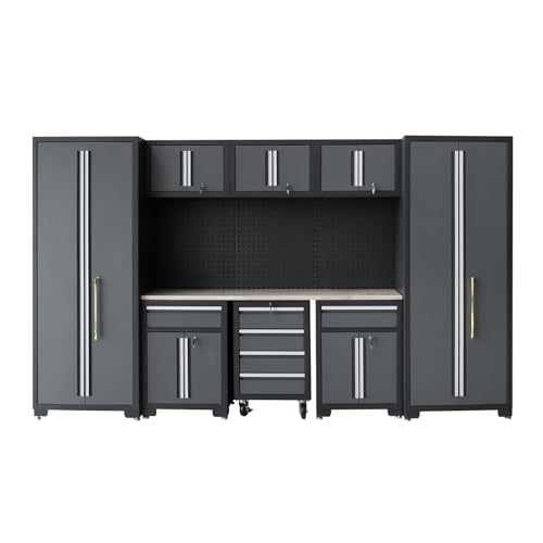 HPDMC Garage Storage Cabinet System 9-Pcs Workshop Set Garage Cabinets and Storage System with Steel Cabinet Drawers, Rolling Chest, Workbench, Pegboard for Garage Tool Organization, Black