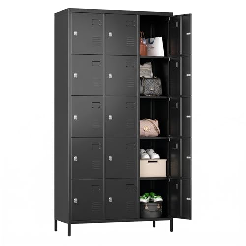 SUPEER Metal Lockers for Employees,15 Door Steel Storage Lockers for School Gym Office Garage, Lockable Metal Lockers for Personal Items,15.75" D x 35.43" W x 72" H,Assembly Required,Black