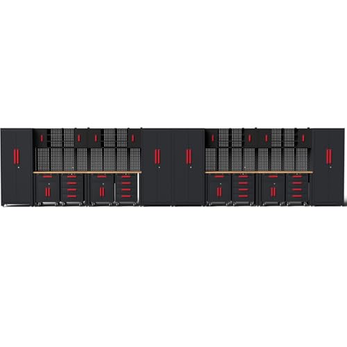 Tsnritor 24Pcs Garage Cabinet Storage System, Heavy Duty Workshop Set Includes Workbench, Pegboard & Lockable Drawers Metal Tool Organization System for Garage Workshop
