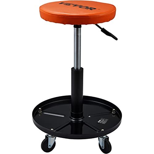 VEVOR Mechanic Stool, 250 LBS Rolling Pneumatic Creeper Garage/Shop Seat, Adjustable Height 16-22 inch in Padded Rolling Workshop Stool with Tool Tray, for Garage, Shop, Auto Repair, Black+Orange