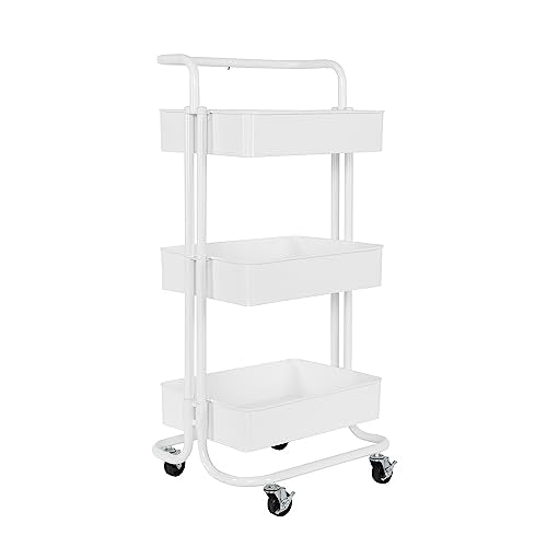 Seville Classics 3 Bin Metal Rolling Storage Utility Cart Organizer Trolley w/Lockable Wheels for Office, Art Supplies, School, Salon, Kitchen, Garage, Home, White w/Handle