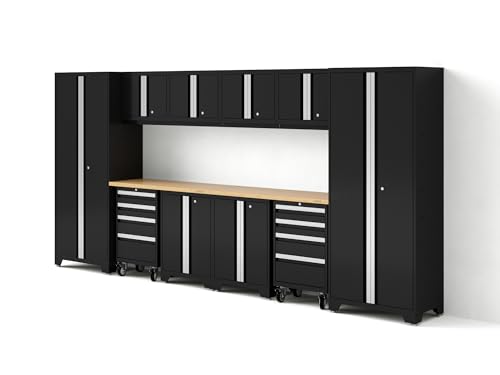 NewAge Products Bold Series Black 12PC Garage Cabinets Set with Tool, Base, Wall Cabinets, Bamboo Worktop and 30 in. Lockers, Heavy Duty Steel Garage Storage System, 63202