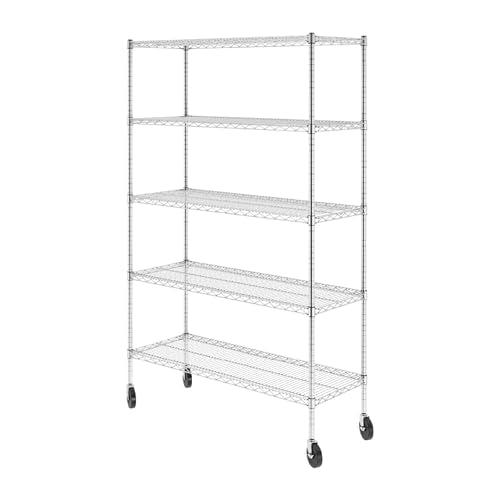 SafeRacks - NSF Certified Storage Shelves, Zinc, Heavy Duty Steel Wire Unit with Wheels and Adjustable Feet, Garage or Bakers Rack, Kitchen, Pantry Shelf - (18"x48"x72" 5-Tier) (Silver)