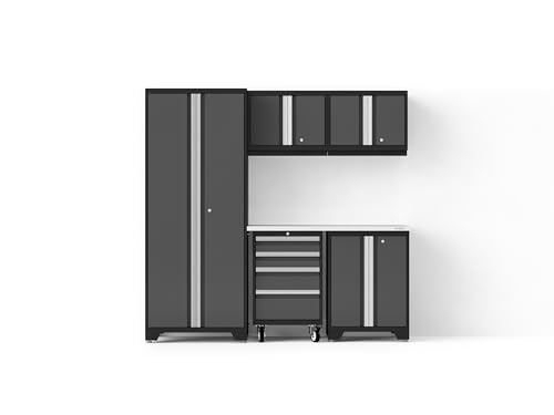 NewAge Products Bold XL Series Gray 6 Piece Garage Cabinets Set with Tool, Base, Wall Cabinets, Stainless Steel Worktop and 30 in. Locker, Heavy Duty Steel Garage Storage System, 64001