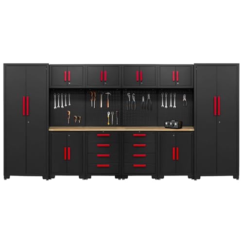 HPDMC Garage Storage Cabinet System - 2 * 6-Pcs Workshop Set with Steel Cabinet Drawers, Tool Chest, Workbench, Pegboard for Tool Organization