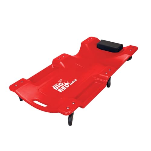 Big RED Torin Blow Molded Plastic Rolling Garage/Shop Creeper: 40" Mechanic Cart with Padded Headrest, Dual Tool Trays and 6 Casters, Red