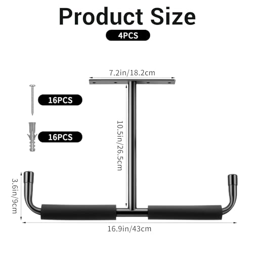 kenaeooe 4 Pack Overhead Garage Storage Hooks Heavy Duty Ceiling Mount Hangers Double T-Bar Steel Ladder Rack Space Saving Utility Hooks for Bike, Lumber, Pipe, Fishing Rod, Sports Equipment, Black