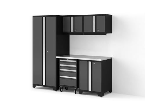 NewAge Products Bold XL Series Gray 6 Piece Garage Cabinets Set with Tool, Base, Wall Cabinets, Stainless Steel Worktop and 30 in. Locker, Heavy Duty Steel Garage Storage System, 64001