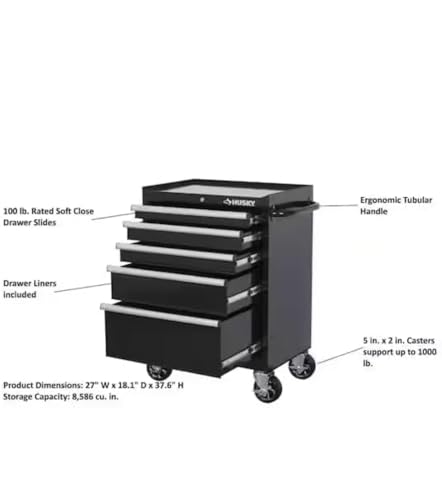 Husky 5-Drawer Rolling Tool Cabinet, 27 in. W x 18 in. D, Gloss Black