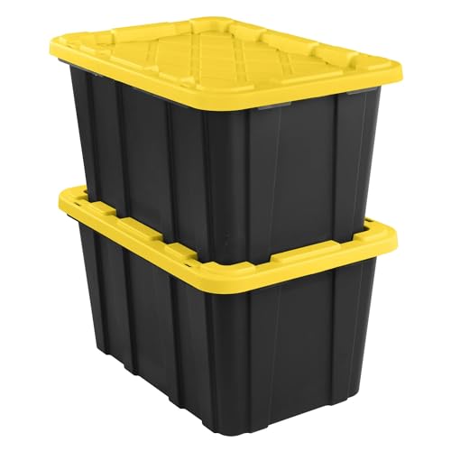 AIXISTL 6-Pack 27-Gallon Industrial Totes - Rugged Black & Yellow Plastic Storage Bins with Secure Snap-On Lids, Stackable Design for Garage, Warehouse or Workshop Organization
