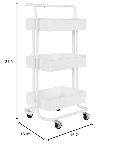 Seville Classics 3 Bin Metal Rolling Storage Utility Cart Organizer Trolley w/Lockable Wheels for Office, Art Supplies, School, Salon, Kitchen, Garage, Home, White w/Handle