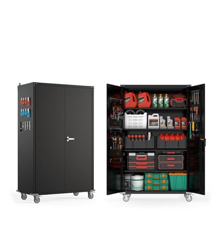 OREALLANDROL 72"x44"x22" Metal Garage Storage Cabinet with Wheels & Pegboards, Black Steel Locking Cabinet with 4 Adjustable Shelves, Rolling Tool for Garage, Basement, Home, Office