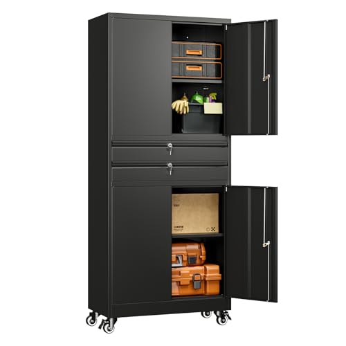 Yizosh Metal Garage Storage Cabinet with Locking Doors and Adjustable Shelves, 74" Rolling Tool Storage Cabinet with 4 Wheels and 2 Drawer for Garage,Warehouse