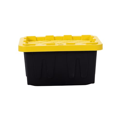 Plastic 5-Gallon Storage Tote with Lockable Lid, Stackable Tough Regular-Duty Bin for Garage, Tools, and Home Organization (4-Pack) - Black and Yellow