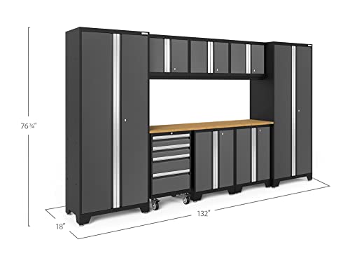NewAge Products Garage Storage Cabinets Steel Bold Series 9 Piece Sets Includes Bamboo Worktop, Multi-Use lockers, Wall, Base and Rolling Tool Cabinets, Gray, 50408