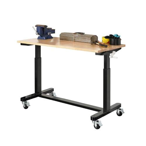 SafeRacks Workbench | 48” Adjustable Hardwood Work Tops | Premium, Standard, or Crank Handle | Rolling Work Station for Garage, Workshop, or Home | Heavy Duty (Crank-Handle)