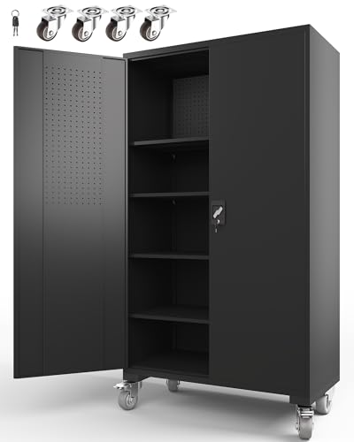 ANTISTA Large Metal Cabinet Two Lockable Doors Four Wheels,Four Adjustable dividers can be Used as Tool File Storage Suitable for garages Schools Gyms Offices