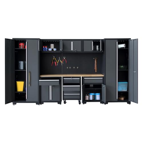 HPDMC Garage Storage Cabinet System 9-Pcs Workshop Set Garage Cabinets and Storage System with Steel Cabinet Drawers, Rolling Chest, Workbench, Pegboard for Garage Tool Organization, Black