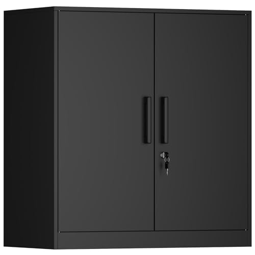 IRONFFICE Metal Wall Cabinet,Garage Cabinet with Handle,Lockable Storage Cabinets Wall Mounted with 2 Doors,Locking Cabinet with Shelves for Basement,Office,Living Home,Black