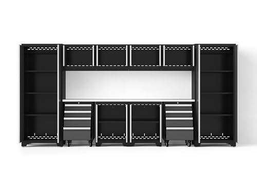 NewAge Products Bold XL Series Gray 12 Piece Garage Cabinets Set with Tool, Base, Wall Cabinets, Stainless Steel Worktop and 30 in. Lockers, Heavy Duty Steel Garage Storage System, 64017