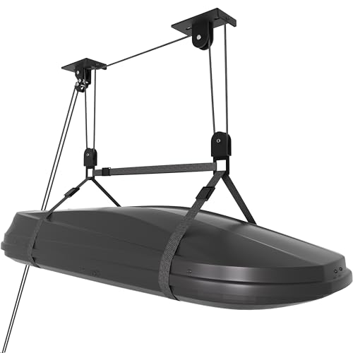 KOSEOO Cargo Box Pulley System for Garage Storage, Heavy-Duty Kayak/Canoes/Bikes/Ladders Ceiling Hoist, Hold Up to 150 lbs Capacity, Fit 10-18 Foot Ceilings, Black
