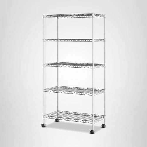 Seville Classics 5-Tier Wire Shelving with Wheels, 5-Tier, 30"" W x 14"" D (NEW MODEL), Chrome Plating, Plated Steel