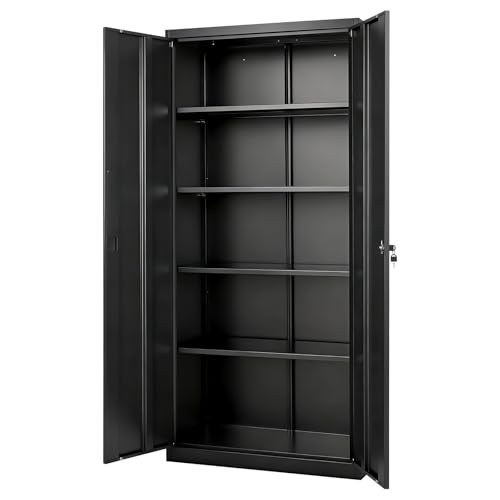 VEVOR Metal Storage Cabinet, Lockable Steel Garage Cabinet with Magnetic Doors and Adjustable Shelves, 2 Keys, 5-Tiers Tall Tool Locker for Home, Office, School, Pantry, Warehouse, Laundry, Black