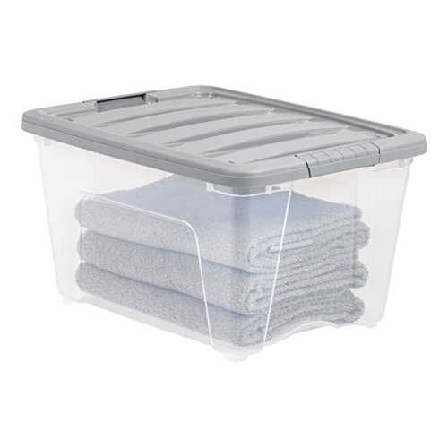 Amazon Basics Plastic Storage Containers with Secure Latching Lids, Stackable Organization Bins, Clear/Grey, 32 Quart, Set of 6