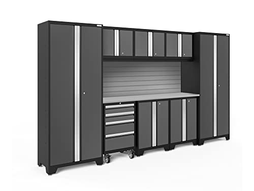NewAge Products Cabinets Bold Series 9 PC Set Grey Includes ‎72" Worktop, Backsplash Kit, 2 x Two-Door Base, Rolling Tool Drawer, 3 Wall Cabinets, 2 x Multi-Use Lockers, 50523