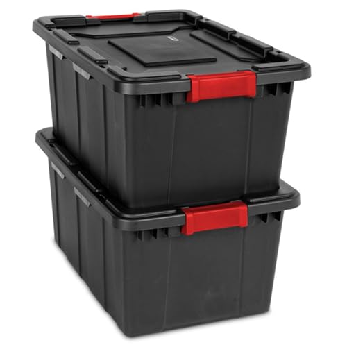 Sterilite 12-Pack Industrial Tote, Plastic Storage Bins with Lids, 27 Gallon, Black - Heavy-Duty Organizing Containers for Closet, Bathroom, and Office