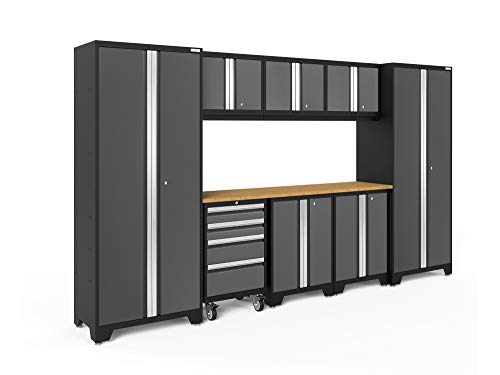 NewAge Products Garage Storage Cabinets Steel Bold Series 9 Piece Sets Includes Bamboo Worktop, Multi-Use lockers, Wall, Base and Rolling Tool Cabinets, Gray, 50408