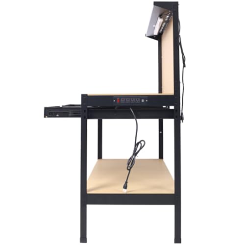 Heavy-Duty Steel Workbench with LED Light, 59'' Tool Storage Bench with Power Outlets & USB Ports, 200 lbs Capacity, Workbench with Pegboard & 2 Drawers for Garage or Workshop