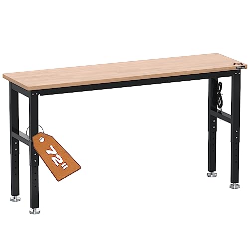 WORKPRO 72" Adjustable Workbench, 3000 LBS Load Capacity Hardwood Garage Workbench with Power Outlets, Rubberwood Top Heavy-Duty Workstation for Workshop, Garage, Home