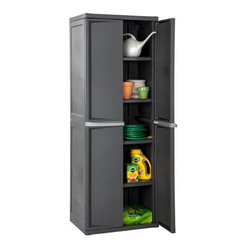 Sterilite 4 Shelf Cabinet, Lockable Utility Storage w/ Adjustable Shelves, Gray - Plastic Shelving Unit for Organizing Garage, Pantry, Basement, Laundry Room or Mudroom