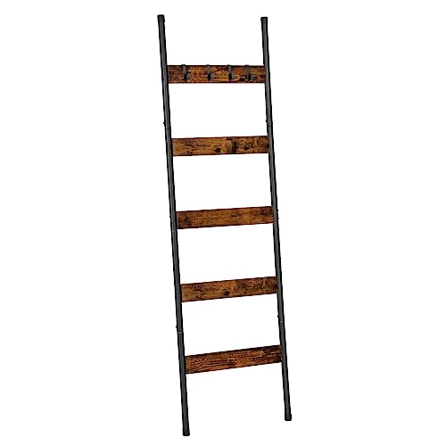 HOOBRO Blanket Ladder, 5-Tier Towel Rack with Hooks, Wall-Leaning Blanket Rack, Decorative Display Ladder Shelf, for Scarves, Industrial, Living Room, Bedroom, Rustic Brown and Black BF52CJ01