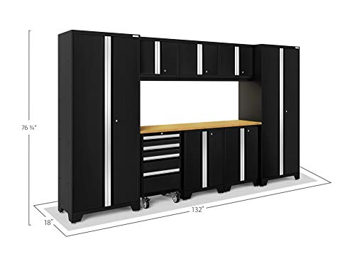 NewAge Products Bold Series Black 9PC Garage Cabinets Set with Tool, Base, Wall Cabinets, Bamboo Worktop and 30 in. Lockers, Heavy Duty Steel Garage Storage System, 63152