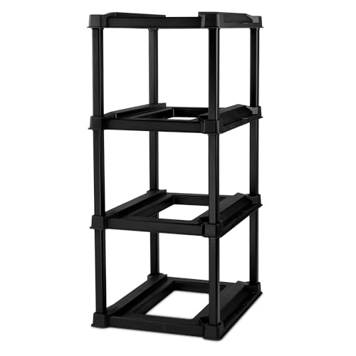 Sterilite 4 Tier Tote Rack, Vertical Plastic Storage Organizer Unit, Black - Standing Shelves for Industrial Utility Tote Organizers in Garages, Workshops, Laundry Rooms, and Basements