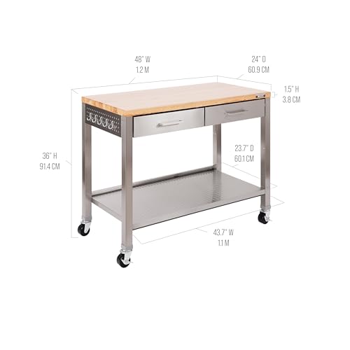 Seville Classics Commercial Work Table Island Utility Cart Prep Station, for Restaurant, Kitchen, Warehouse, Garage, Hotel, Home, Stainless-Steel, Solid Wood Top, 48" W x 24" D