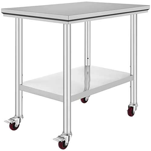 Vevor Mophorn Stainless Steel Work Table 36x24 Inch with 4 Wheels, Casters Heavy Duty Food Prep Worktable for Commercial Kitchen Restaurant, Silver