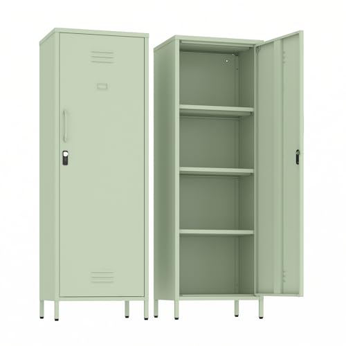 Epochsteele Metal Locker Storage Cabinets Lockable Single File Storage Cabinet with Door and Removable Shelves Kids Locker for School Gym Pantry Kitchen (Green)