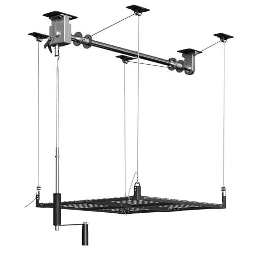 UODENGA Overhead Garage Storage Rack,4x4FT Ceiling Storage Racks with Secure Lock,Garage Storage Lift System for Easy Up Down,Industrial Elevator Lift Holds 400 Lbs